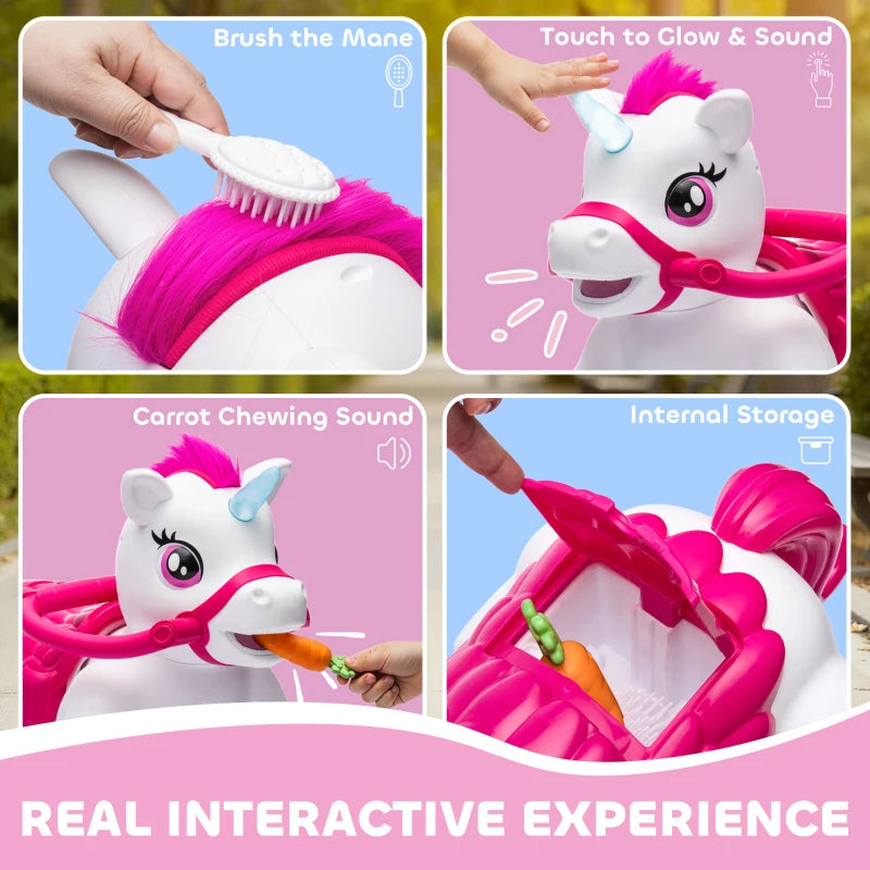MegaMart 12V Unicorn Ride on Horse with Carrot Toy, Comb, Animal Sounds, for Girls Boys Aged 1.5-3 Years Old
