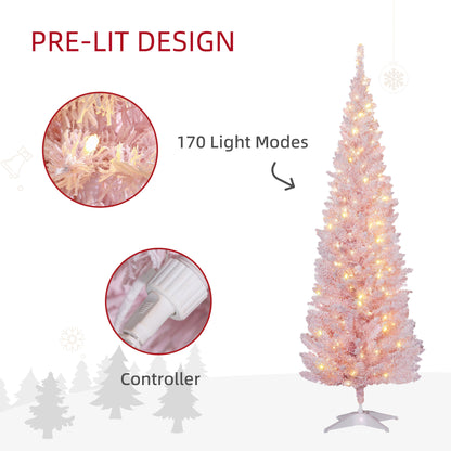 MegaMart 6ft Pencil Christmas Tree, Slim Artificial Christmas Tree with Realistic Branches and Warm White LED Lights, Pink