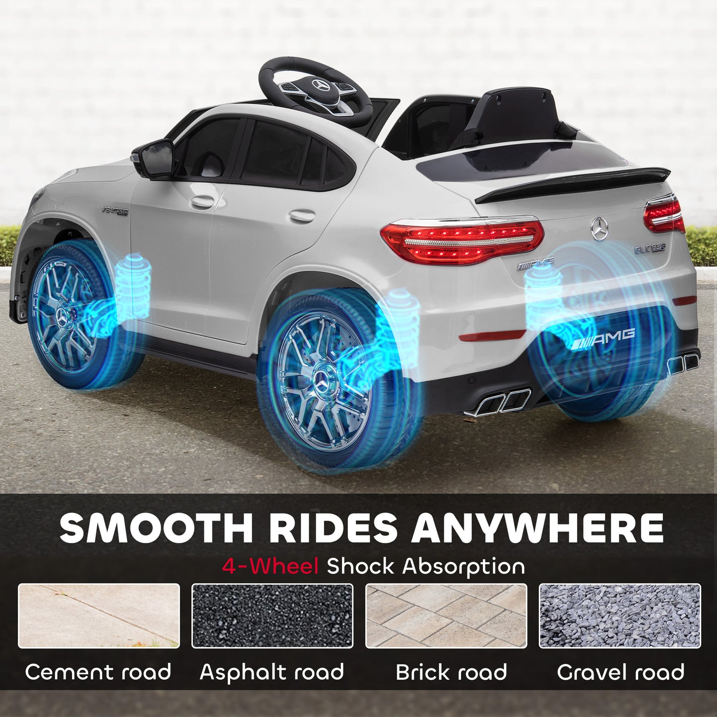MegaMart 12V Toddler Ride On Car with Remote Control, Mercedes Benz AMG GLC63S Coupe, Electric Car with 2 Speed, MP3 Player, Light, Horn, Songs, Suspension, White