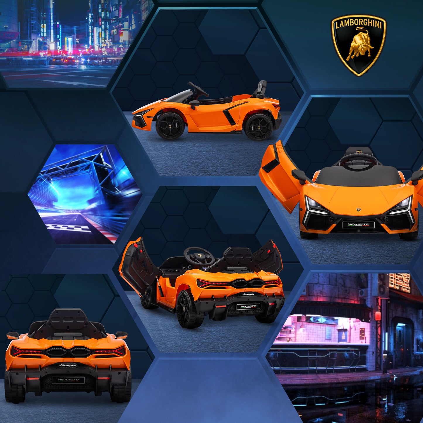 MegaMart Lamborghini Revuelto Licensed 12V Kids Ride on Car Electric Car w/ Hydraulic Doors, Remote, Transport Wheels, Orange