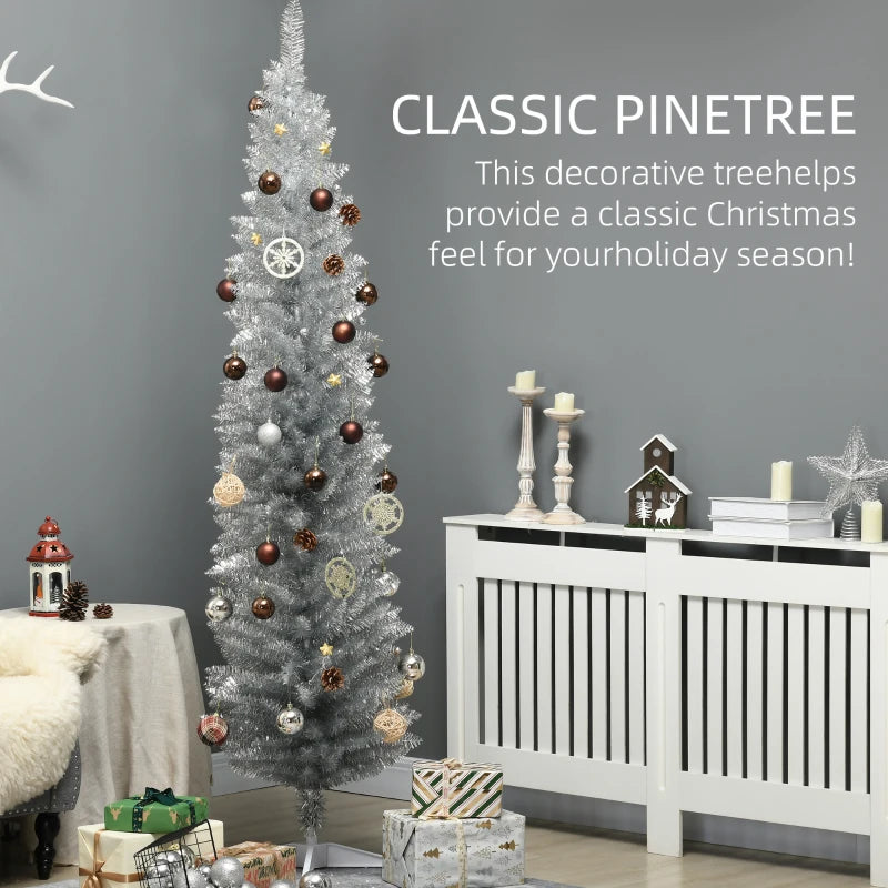 MegaMart 7FT Decorated Christmas Tree, Pencil Christmas Tree with 499 Realistic Branch Tips and Plastic Stand, Silver
