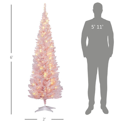 MegaMart 6ft Pencil Christmas Tree, Slim Artificial Christmas Tree with Realistic Branches and Warm White LED Lights, Pink