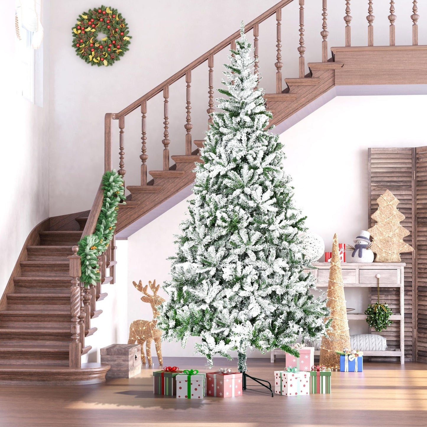 MegaMart 9' Tall Unlit Snow Flocked Pine Artificial Christmas Tree with Realistic Branches, Green