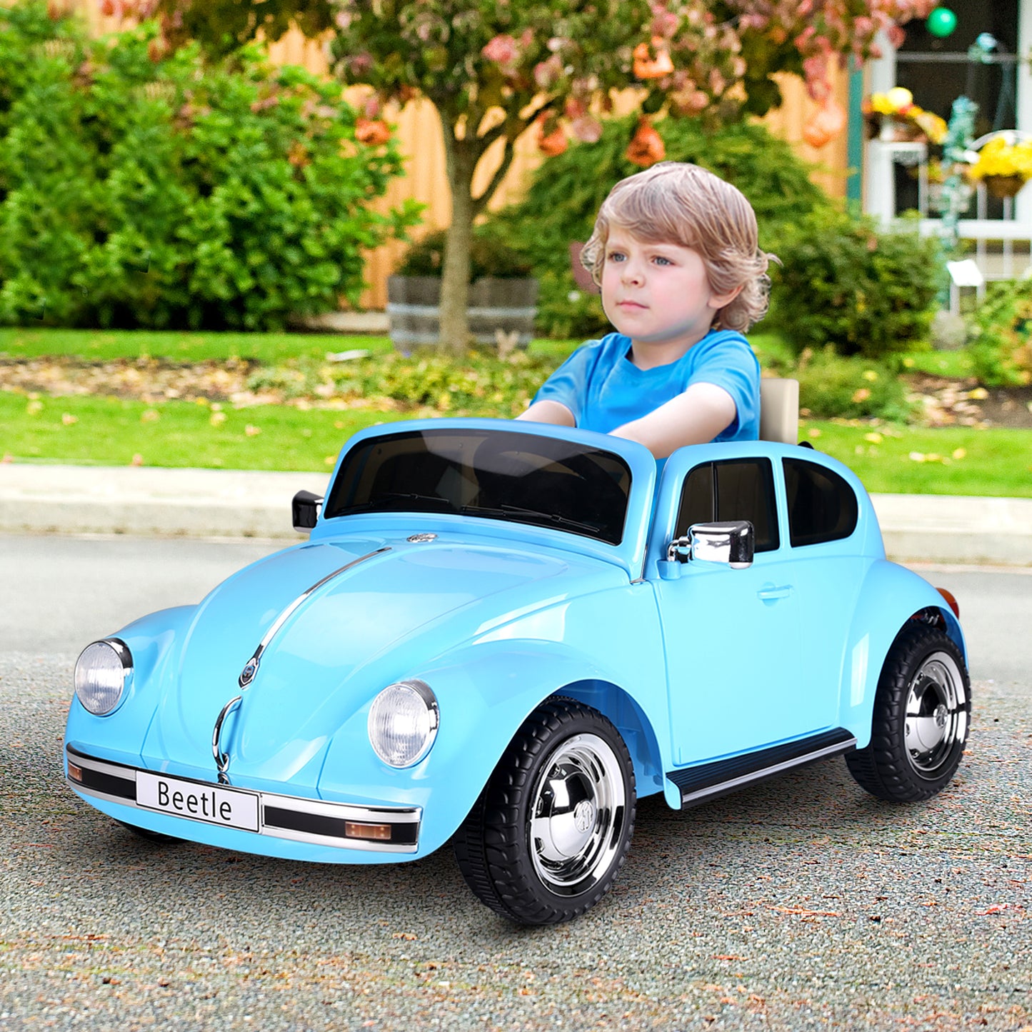 MegaMart Licensed Volkswagen Beetle Electric Kids Ride-On Car 6V Battery Powered Toy with Remote Control Music Horn Lights MP3 for 3-6 Years Old Blue