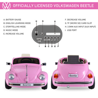 MegaMart Licensed Volkswagen Beetle Ride-on Kids Electric Car with Secondary Remote Control & Extra Wide Safety Tires - Pink
