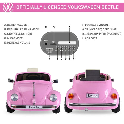 MegaMart Licensed Volkswagen Beetle Ride-on Kids Electric Car with Secondary Remote Control & Extra Wide Safety Tires - Pink