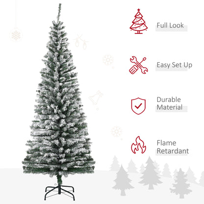 MegaMart 6ft Flocked Christmas Tree, Pencil Artificial Xmas Tree with Faux Snow, Dense Branches, Foldable Metal Base for Indoor Holiday Decor