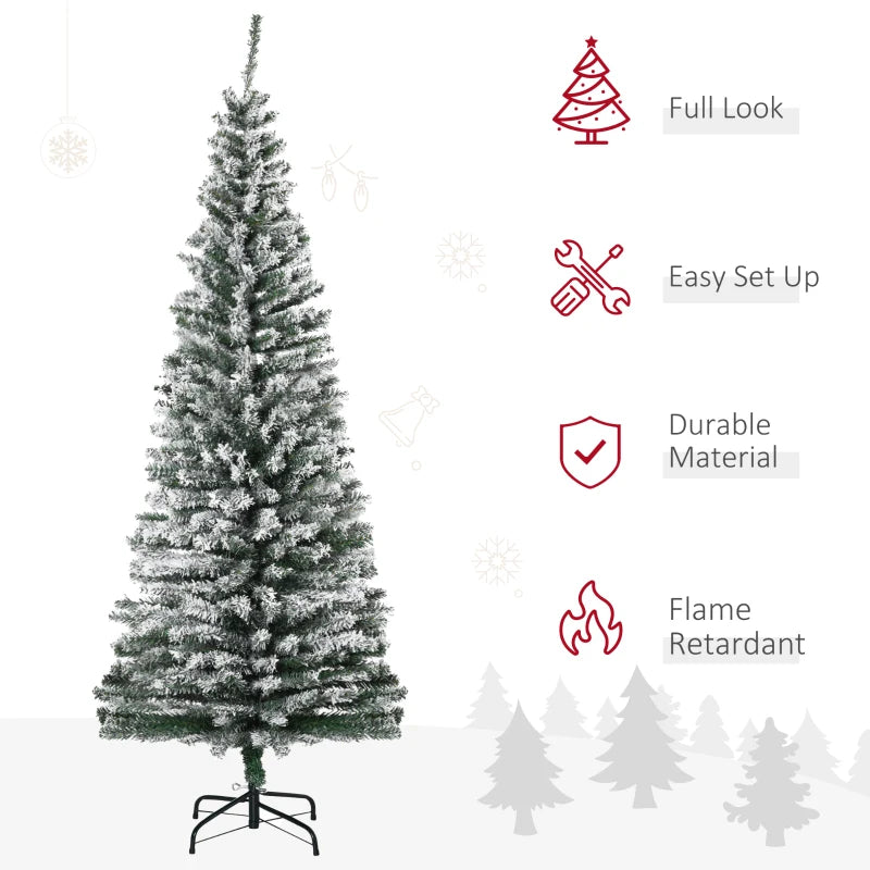 MegaMart 6ft Flocked Christmas Tree, Pencil Artificial Xmas Tree with Faux Snow, Dense Branches, Foldable Metal Base for Indoor Holiday Decor