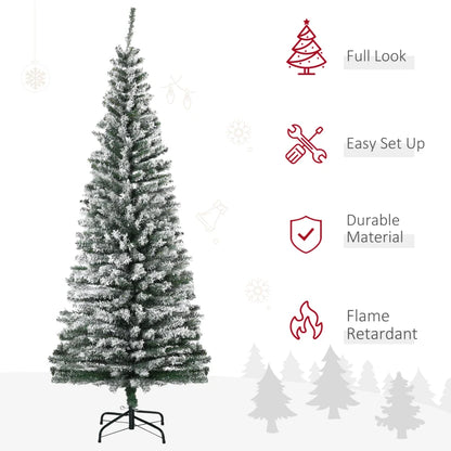 MegaMart 6ft Flocked Christmas Tree, Pencil Artificial Xmas Tree with Faux Snow, Dense Branches, Foldable Metal Base for Indoor Holiday Decor