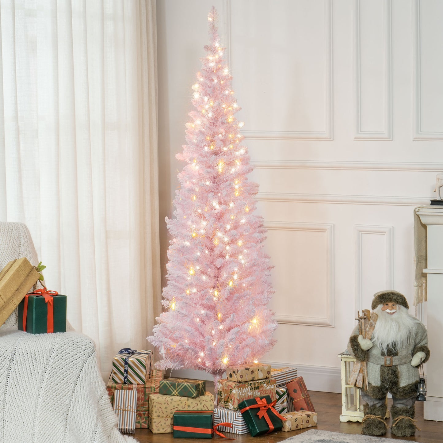 MegaMart 6ft Pencil Christmas Tree, Slim Artificial Christmas Tree with Realistic Branches and Warm White LED Lights, Pink