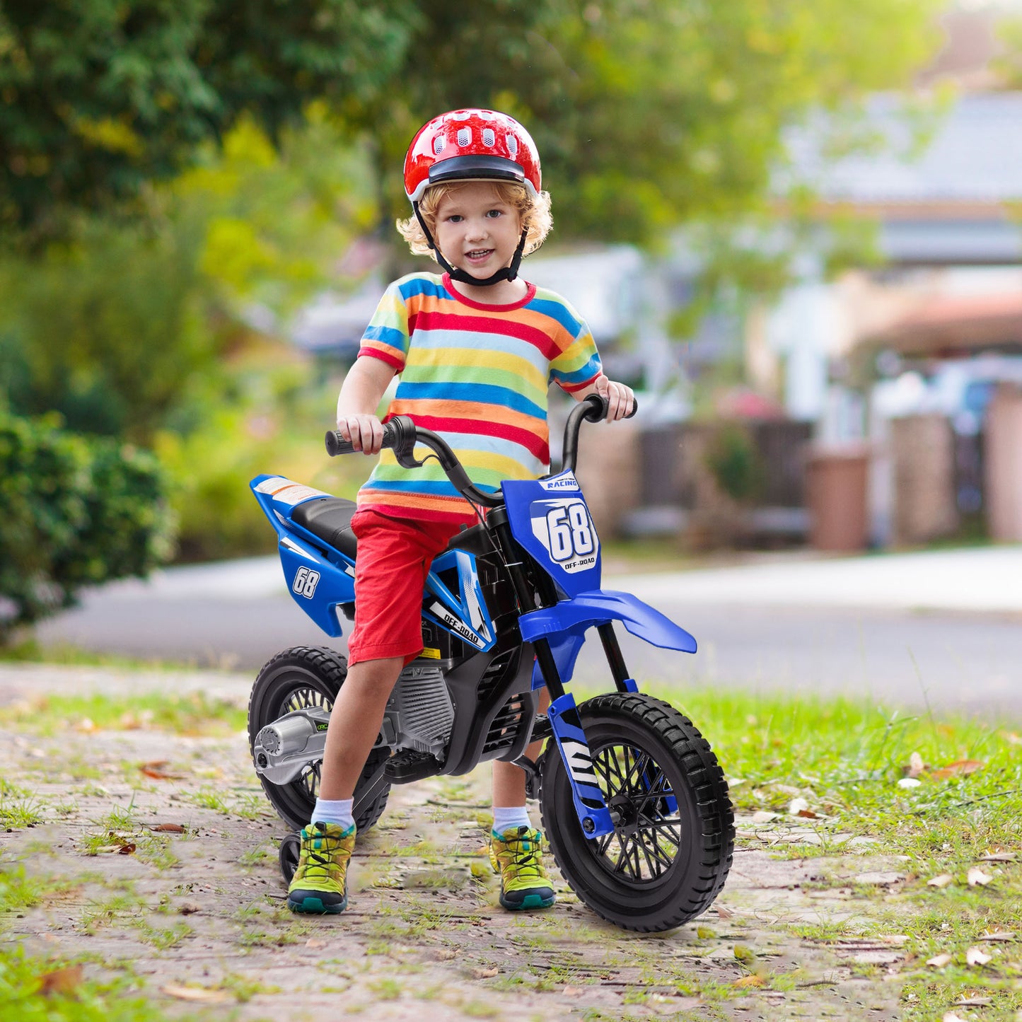 MegaMart 12V Kids Electric Motorcycle w/ Twist Grip Throttle, Training Wheels, Rear Suspension & Music, Blue