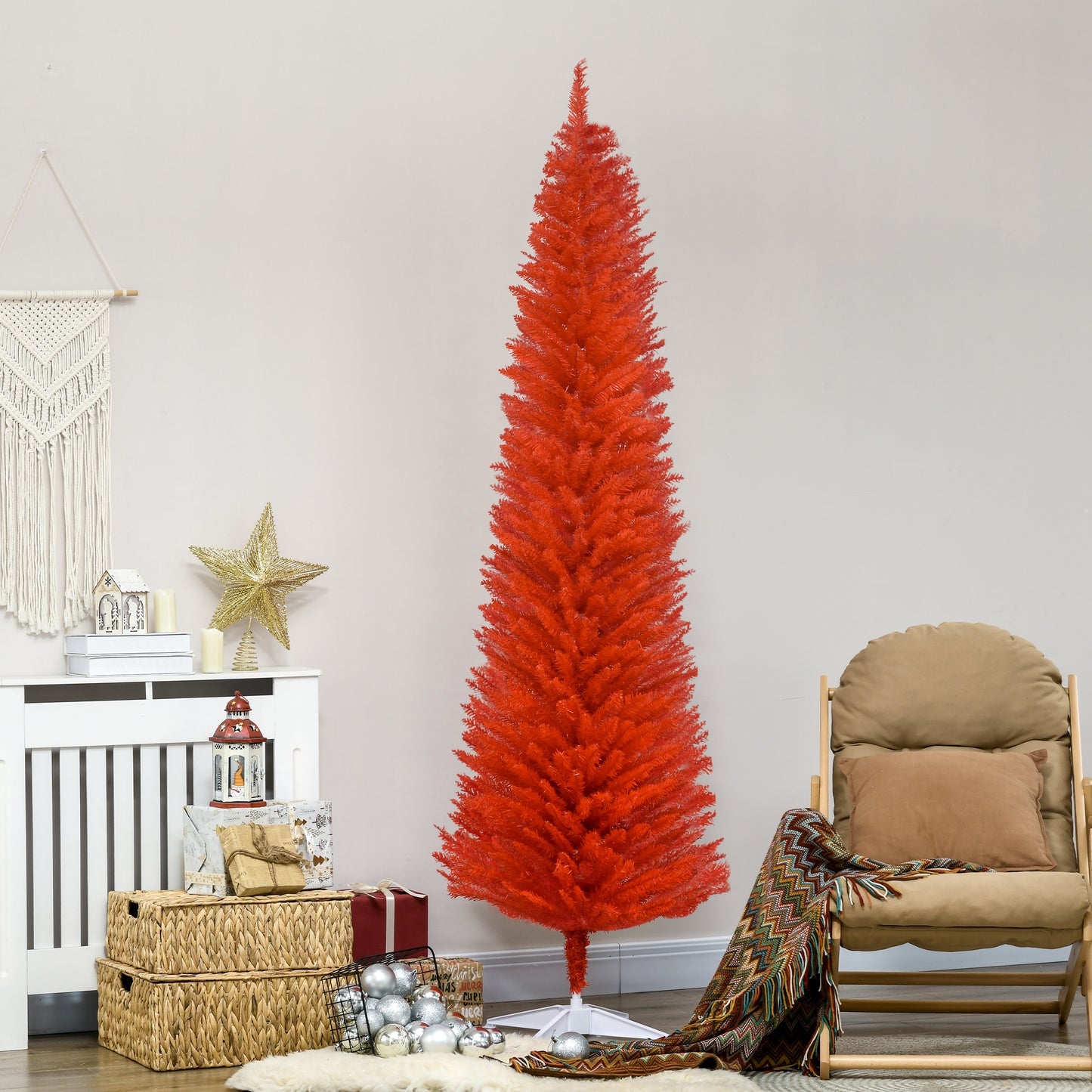 MegaMart 7FT Decorated Christmas Tree, Pencil Christmas Tree with 499 Realistic Branch Tips and Plastic Stand, Red