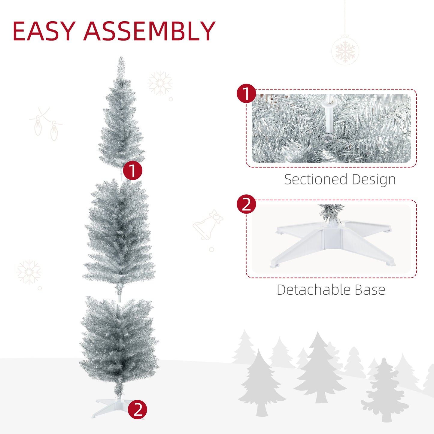MegaMart 7FT Decorated Christmas Tree, Pencil Christmas Tree with 499 Realistic Branch Tips and Plastic Stand, Silver