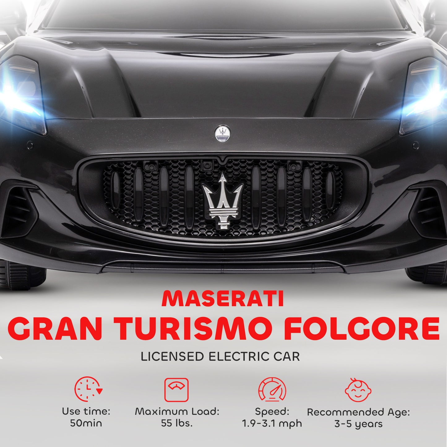 MegaMart Maserati Gran Turismo Licensed 12V Kids Electric Car w/ Remote Control, Soft Start, LED Lights, Music, Horn, Black