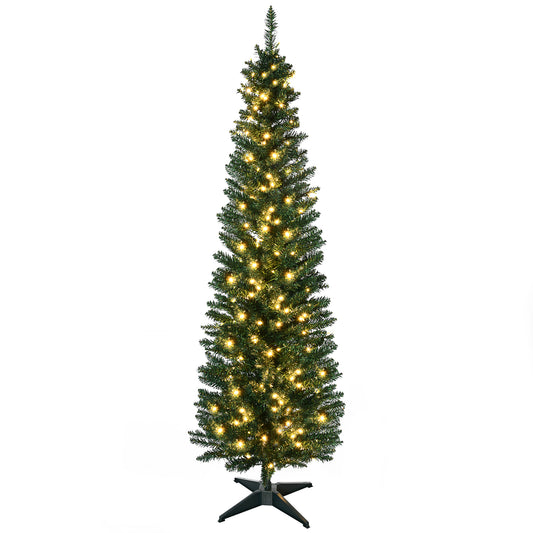 MegaMart 6' Tall Pre-Lit Slim Noble Fir Artificial Pencil Christmas Tree with 200 Warm White LED Lights and 390 Tips, for Christmas Decoration, Green