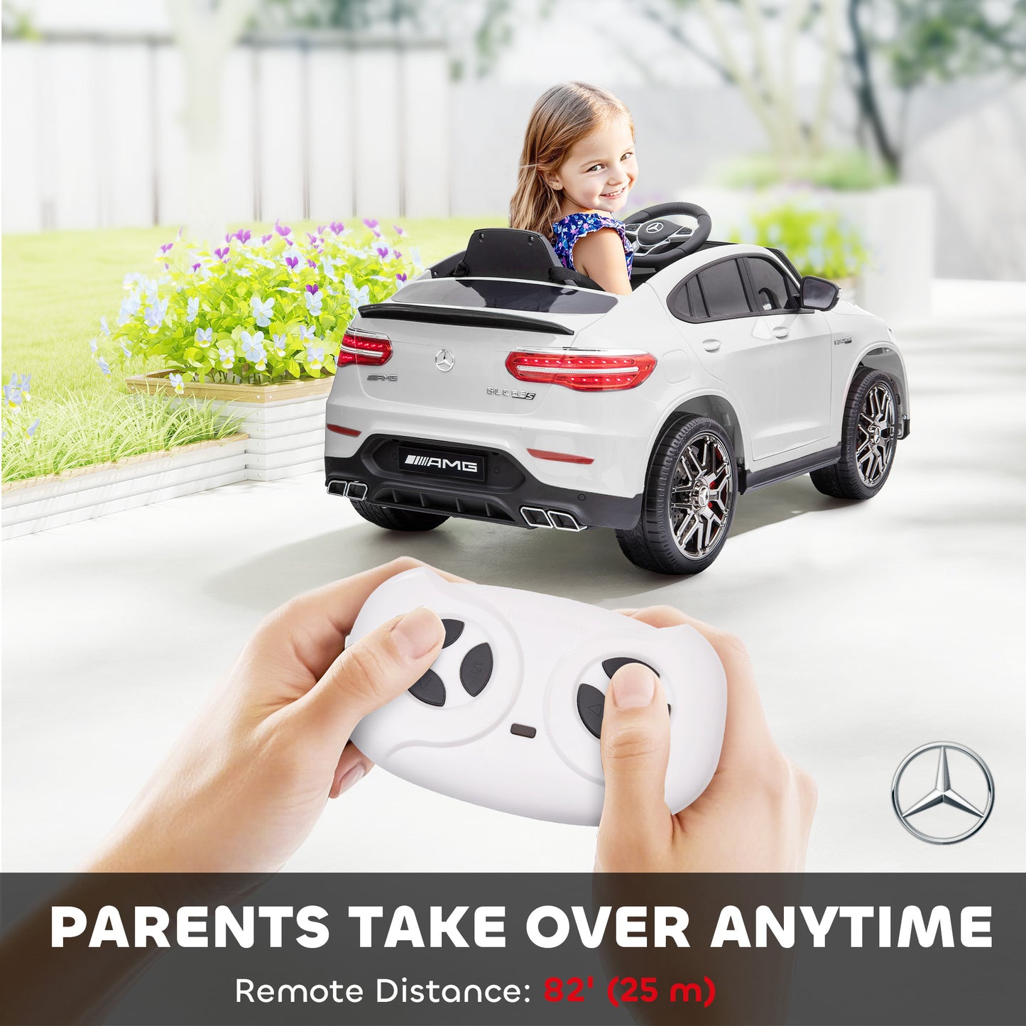 MegaMart 12V Toddler Ride On Car with Remote Control, Mercedes Benz AMG GLC63S Coupe, Electric Car with 2 Speed, MP3 Player, Light, Horn, Songs, Suspension, White