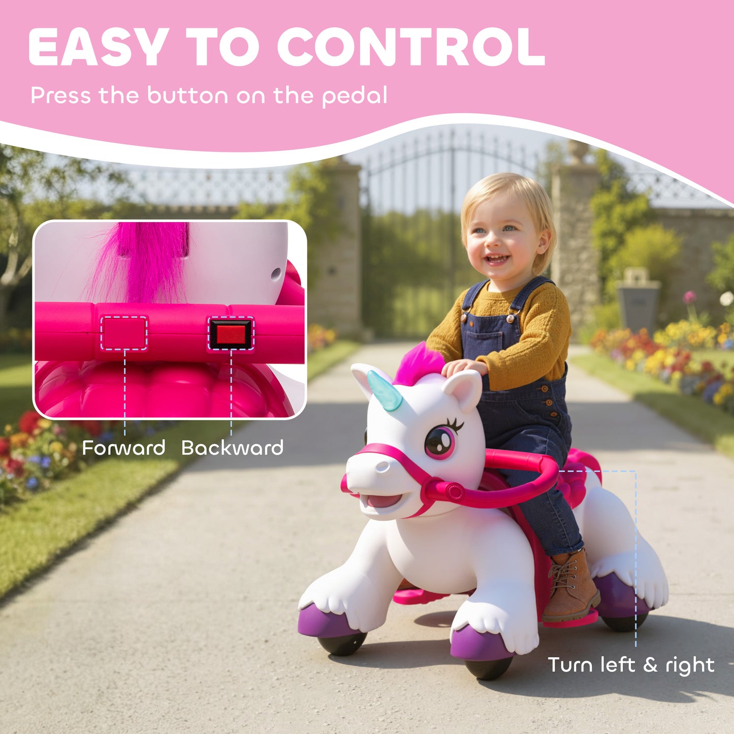 MegaMart 12V Unicorn Ride on Horse with Carrot Toy, Comb, Animal Sounds, for Girls Boys Aged 1.5-3 Years Old