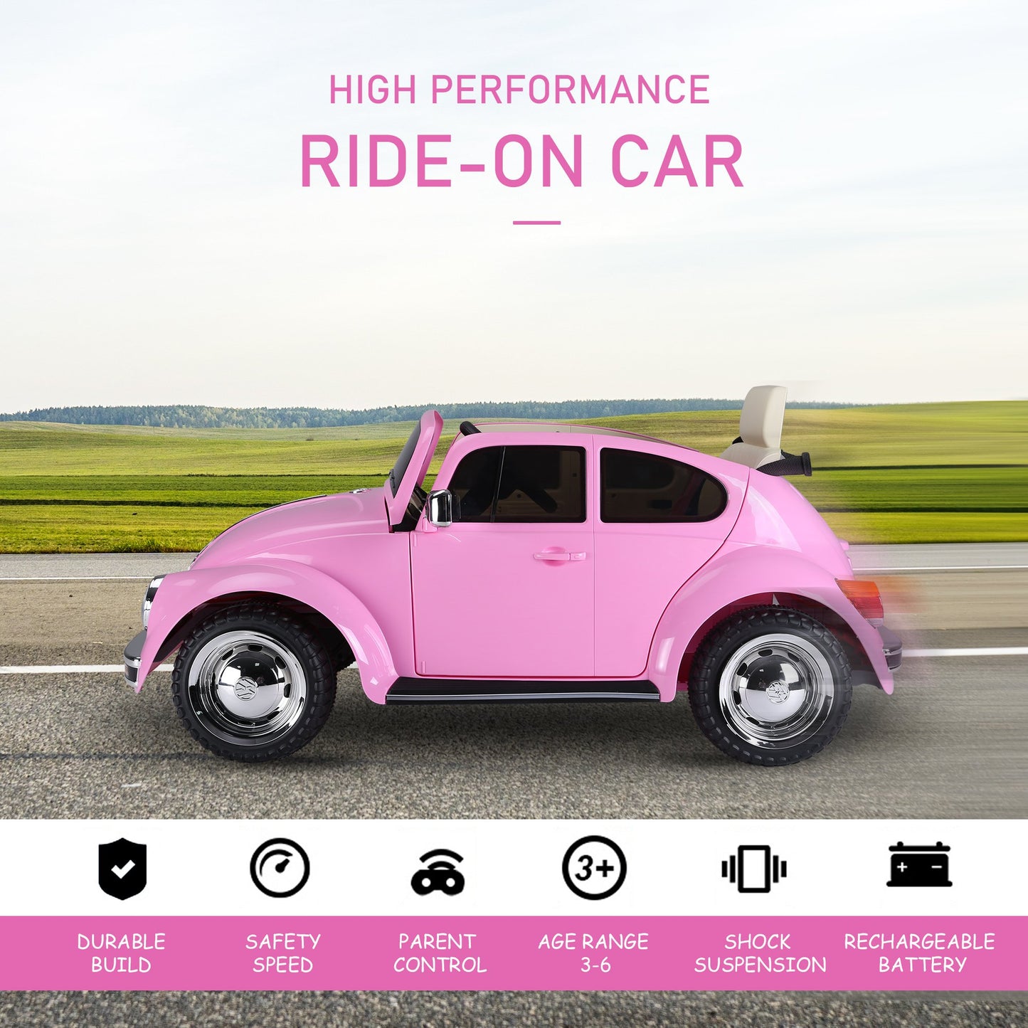 MegaMart Licensed Volkswagen Beetle Ride-on Kids Electric Car with Secondary Remote Control & Extra Wide Safety Tires - Pink
