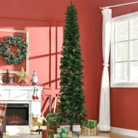 MegaMart 9.5ft Pencil Christmas Tree, Slim Xmas Tree with Realistic Branches, Pine Cones and Metal Base, Green