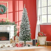 MegaMart 6ft Flocked Christmas Tree, Pencil Artificial Xmas Tree with Faux Snow, Dense Branches, Foldable Metal Base for Indoor Holiday Decor