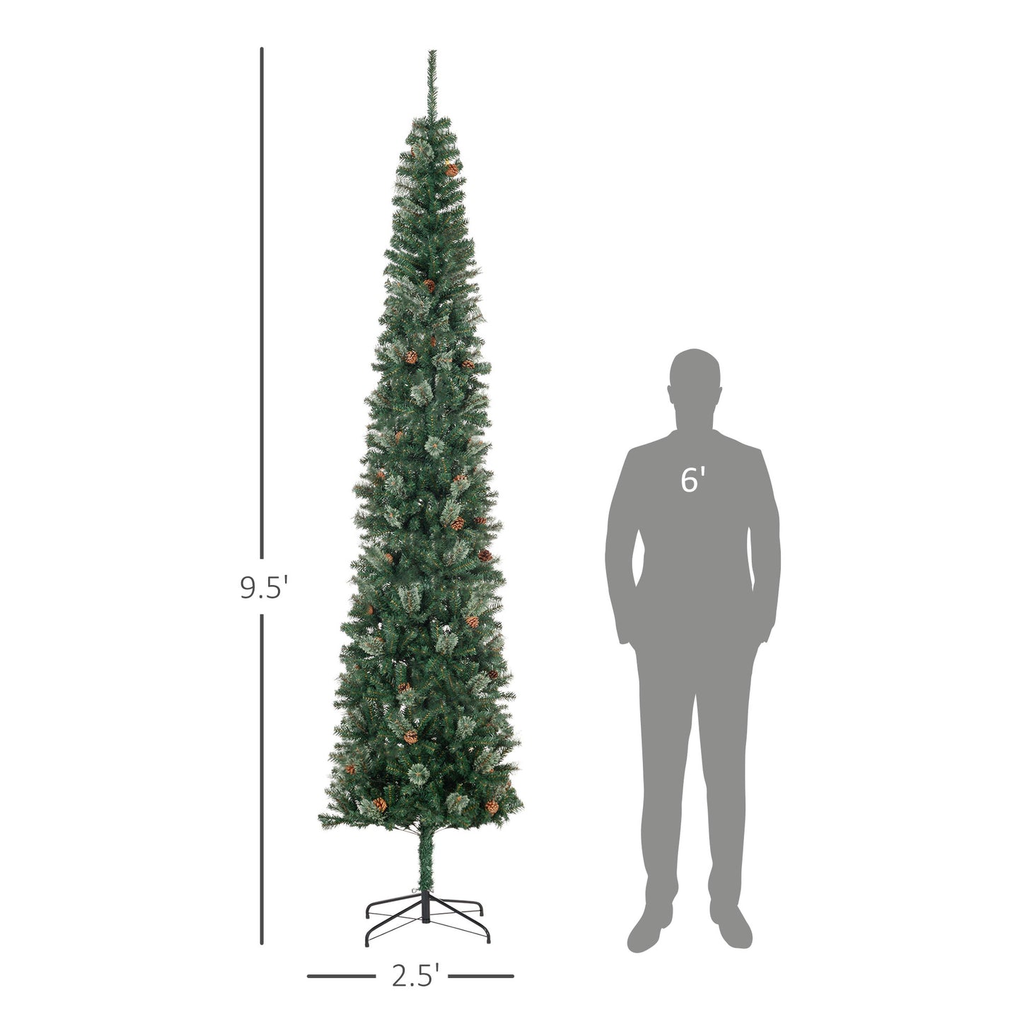 MegaMart 9.5ft Pencil Christmas Tree, Slim Xmas Tree with Realistic Branches, Pine Cones and Metal Base, Green