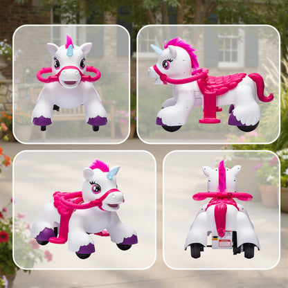 MegaMart 12V Unicorn Ride on Horse with Carrot Toy, Comb, Animal Sounds, for Girls Boys Aged 1.5-3 Years Old