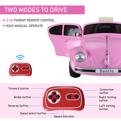 MegaMart Licensed Volkswagen Beetle Ride-on Kids Electric Car with Secondary Remote Control & Extra Wide Safety Tires - Pink