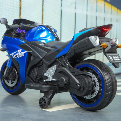 MegaMart 12V Kids Electric Ride-On Motorcycle with Training Wheels and Headlight, Motorbike with MP3 and Light-Up Wheels, 46" L x 20" W x 26" H, Blue