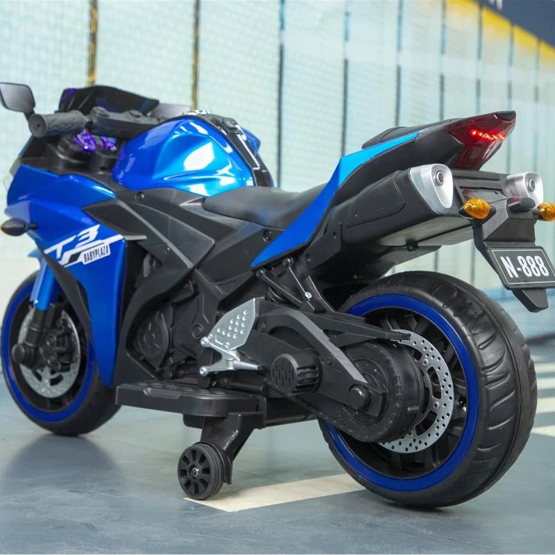 MegaMart 12V Kids Electric Ride-On Motorcycle with Training Wheels and Headlight, Motorbike with MP3 and Light-Up Wheels, 46" L x 20" W x 26" H, Blue