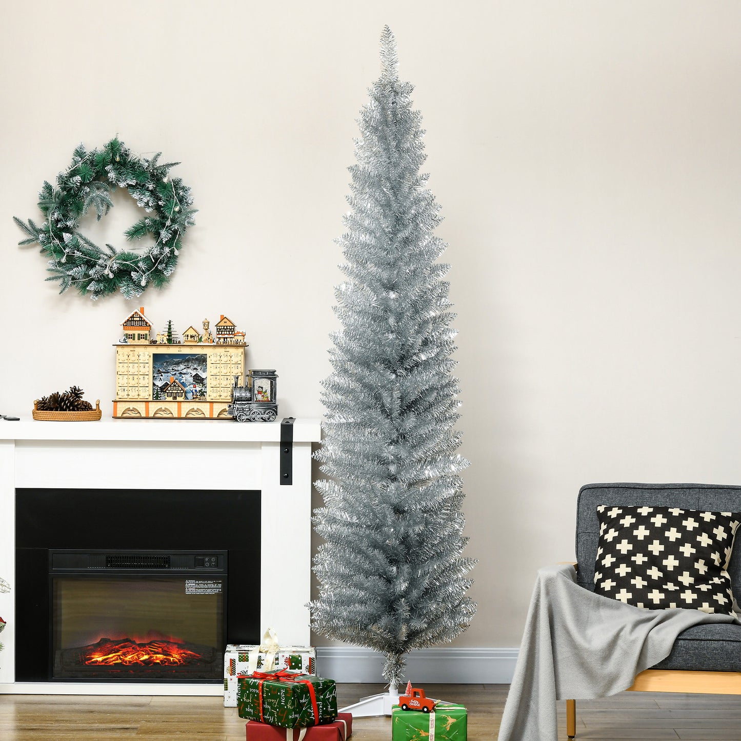 MegaMart 7FT Decorated Christmas Tree, Pencil Christmas Tree with 499 Realistic Branch Tips and Plastic Stand, Silver