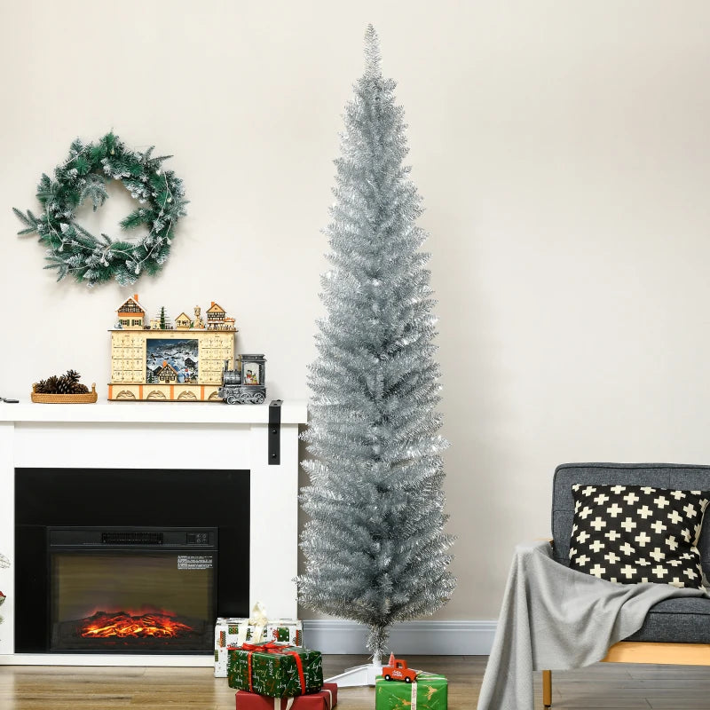 MegaMart 7FT Decorated Christmas Tree, Pencil Christmas Tree with 499 Realistic Branch Tips and Plastic Stand, Silver