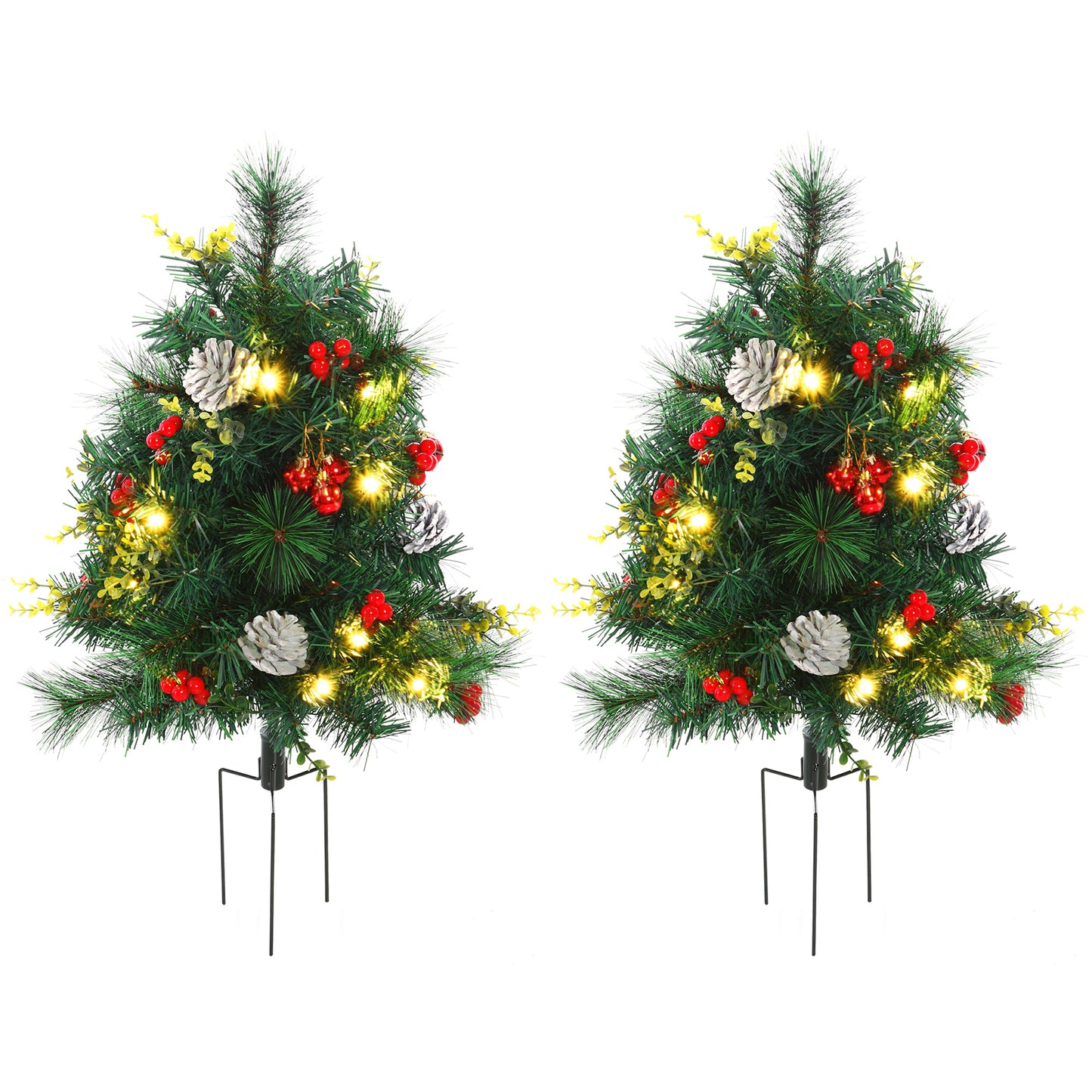 MegaMart 24in Christmas Tree 2-Pack Outdoor Pre-Lit Artificial Pine Cordless with 24 Warm White Lights and Stakes