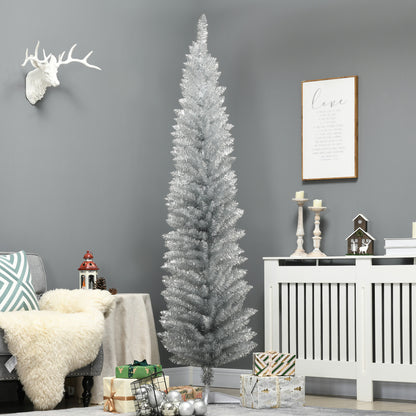 MegaMart 7FT Decorated Christmas Tree, Pencil Christmas Tree with 499 Realistic Branch Tips and Plastic Stand, Silver