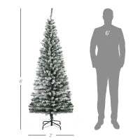MegaMart 6ft Flocked Christmas Tree, Pencil Artificial Xmas Tree with Faux Snow, Dense Branches, Foldable Metal Base for Indoor Holiday Decor