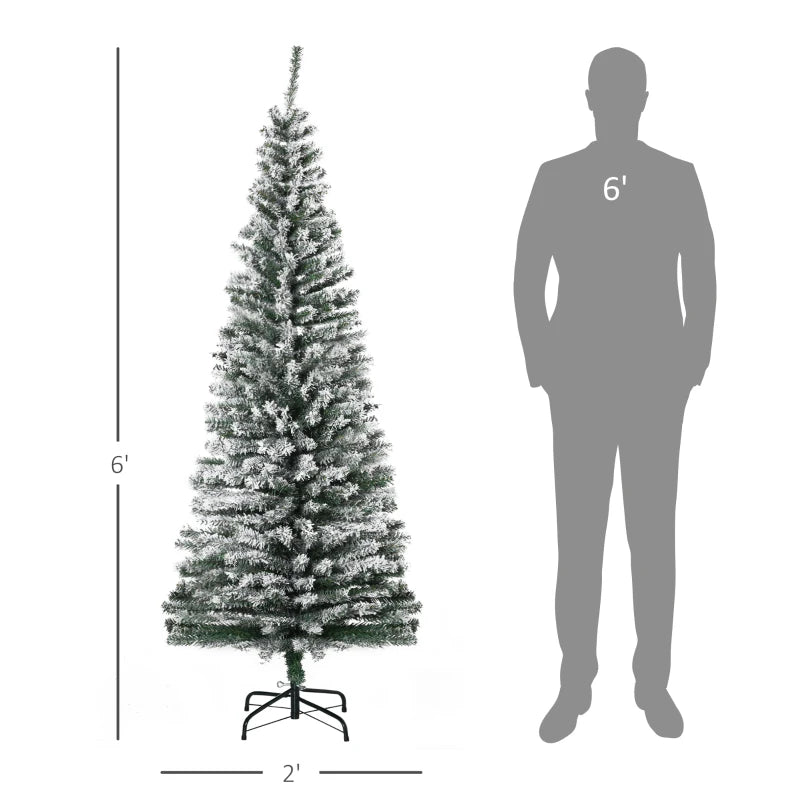 MegaMart 6ft Flocked Christmas Tree, Pencil Artificial Xmas Tree with Faux Snow, Dense Branches, Foldable Metal Base for Indoor Holiday Decor