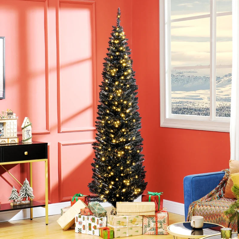 MegaMart 7ft Pencil Christmas Tree, Slim Artificial Christmas Tree with Realistic Branches and Warm White LED Lights, Black