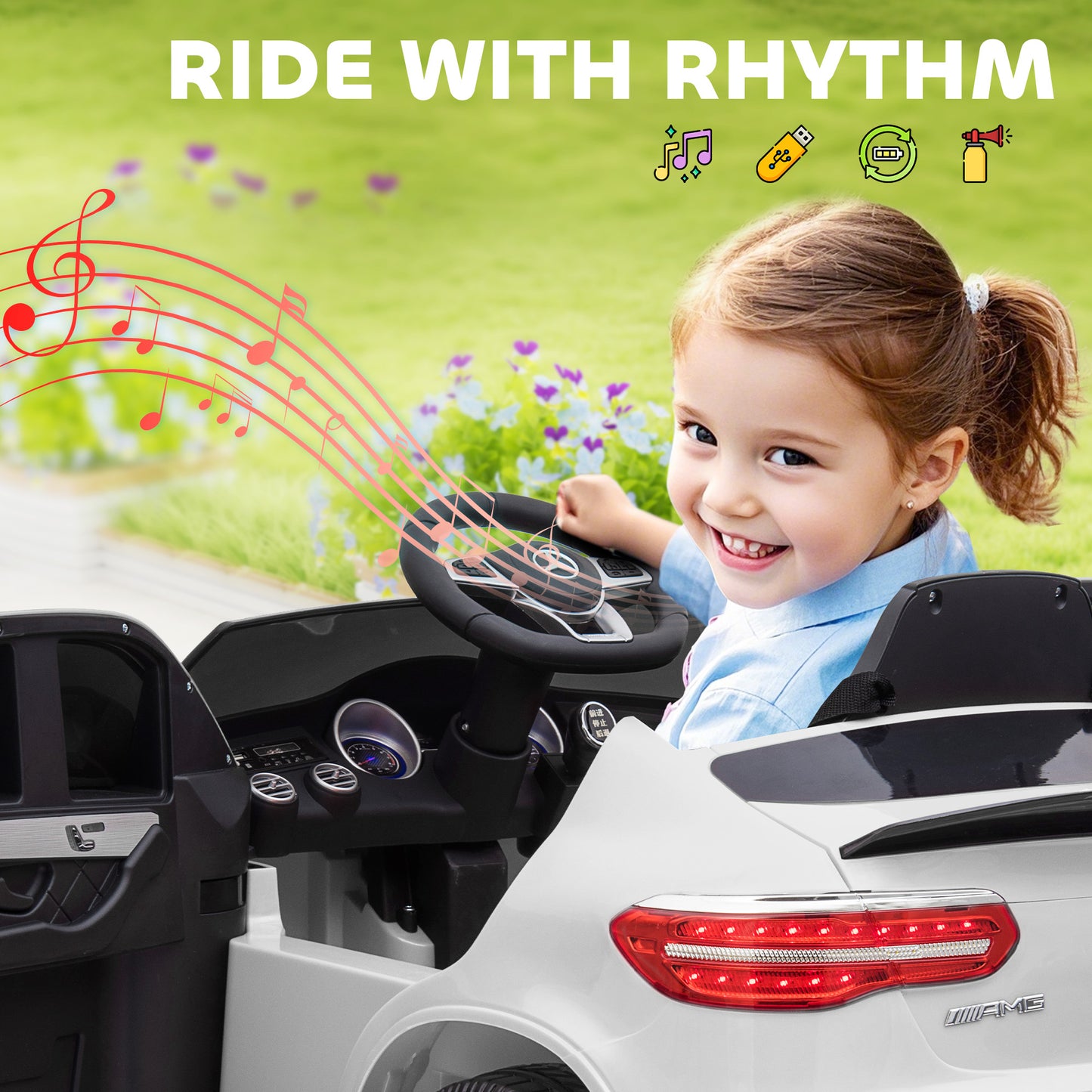 MegaMart 12V Toddler Ride On Car with Remote Control, Mercedes Benz AMG GLC63S Coupe, Electric Car with 2 Speed, MP3 Player, Light, Horn, Songs, Suspension, White