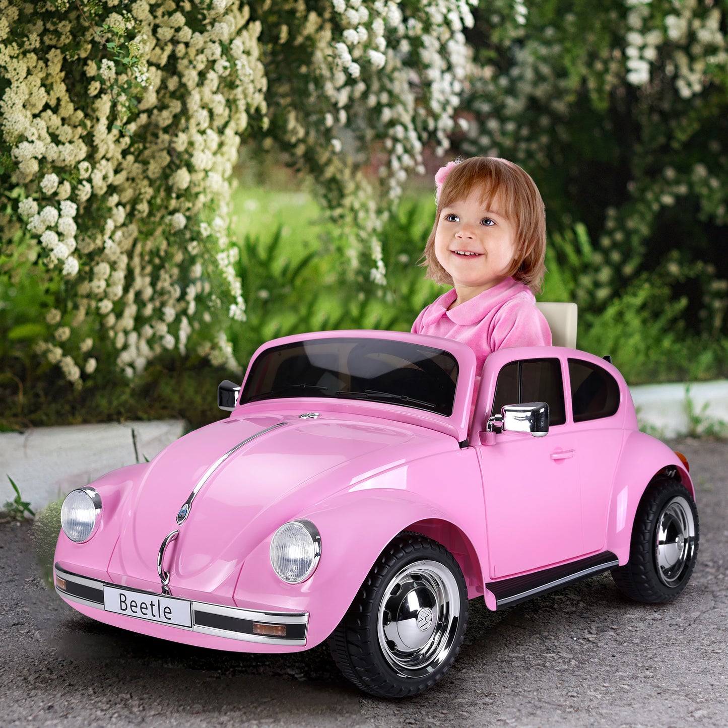 MegaMart Licensed Volkswagen Beetle Ride-on Kids Electric Car with Secondary Remote Control & Extra Wide Safety Tires - Pink
