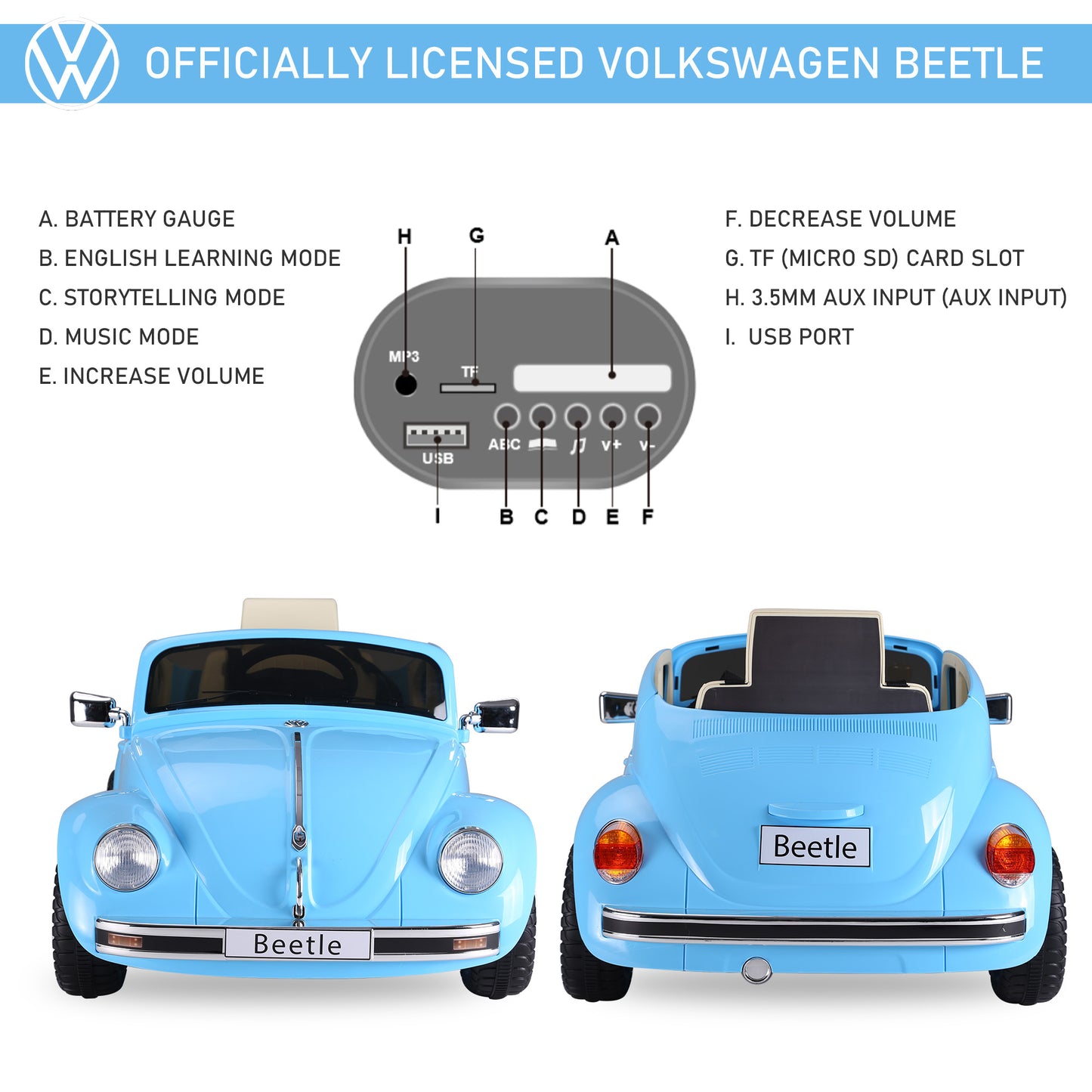 MegaMart Licensed Volkswagen Beetle Electric Kids Ride-On Car 6V Battery Powered Toy with Remote Control Music Horn Lights MP3 for 3-6 Years Old Blue