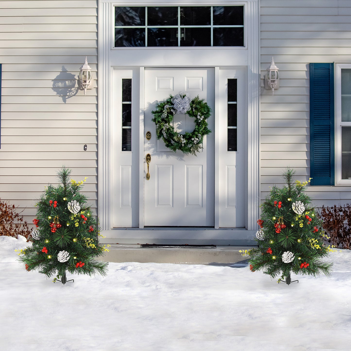 MegaMart 24in Christmas Tree 2-Pack Outdoor Pre-Lit Artificial Pine Cordless with 24 Warm White Lights and Stakes