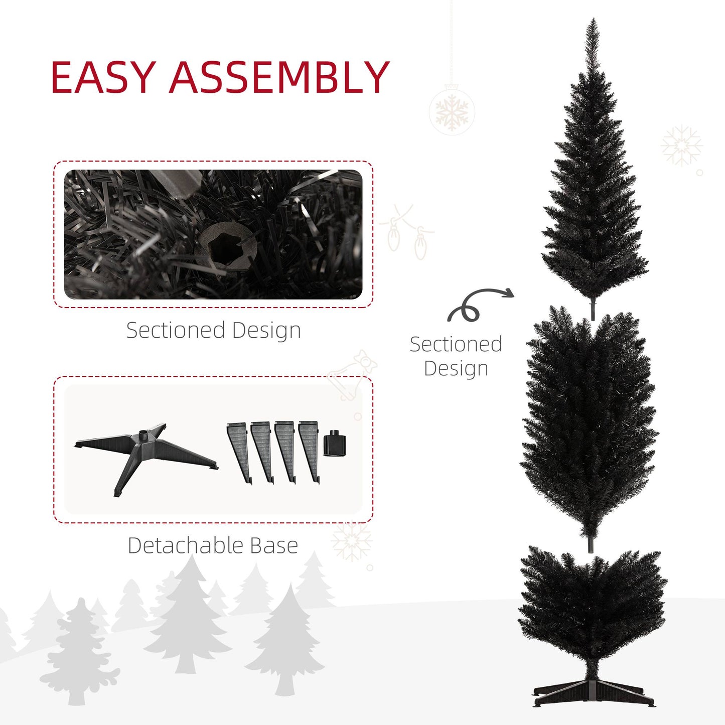 MegaMart 8ft Unlit Pencil Artificial Christmas Tree with Realistic Branches and 618 Tips, Plastic Base, Black