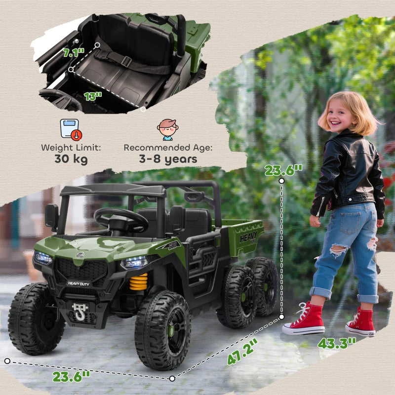 MegaMart 24V 4WD Kids Ride On Car with 6 Wheels, Electric Ride On Car with Dump Bed, Remote for 3-8 Years, Green
