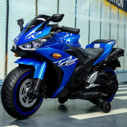 MegaMart 12V Kids Electric Ride-On Motorcycle with Training Wheels and Headlight, Motorbike with MP3 and Light-Up Wheels, 46" L x 20" W x 26" H, Blue