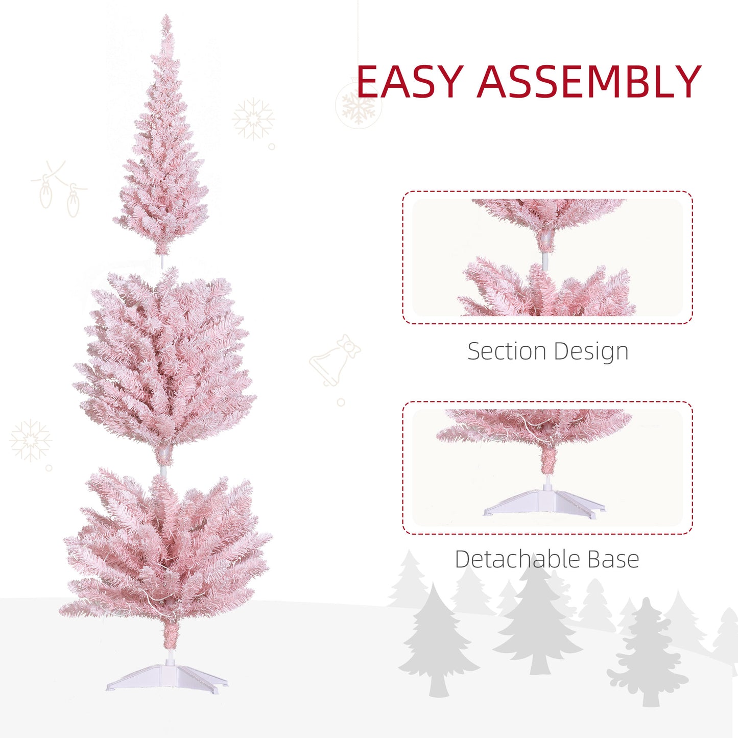 MegaMart 6ft Pencil Christmas Tree, Slim Artificial Christmas Tree with Realistic Branches and Warm White LED Lights, Pink