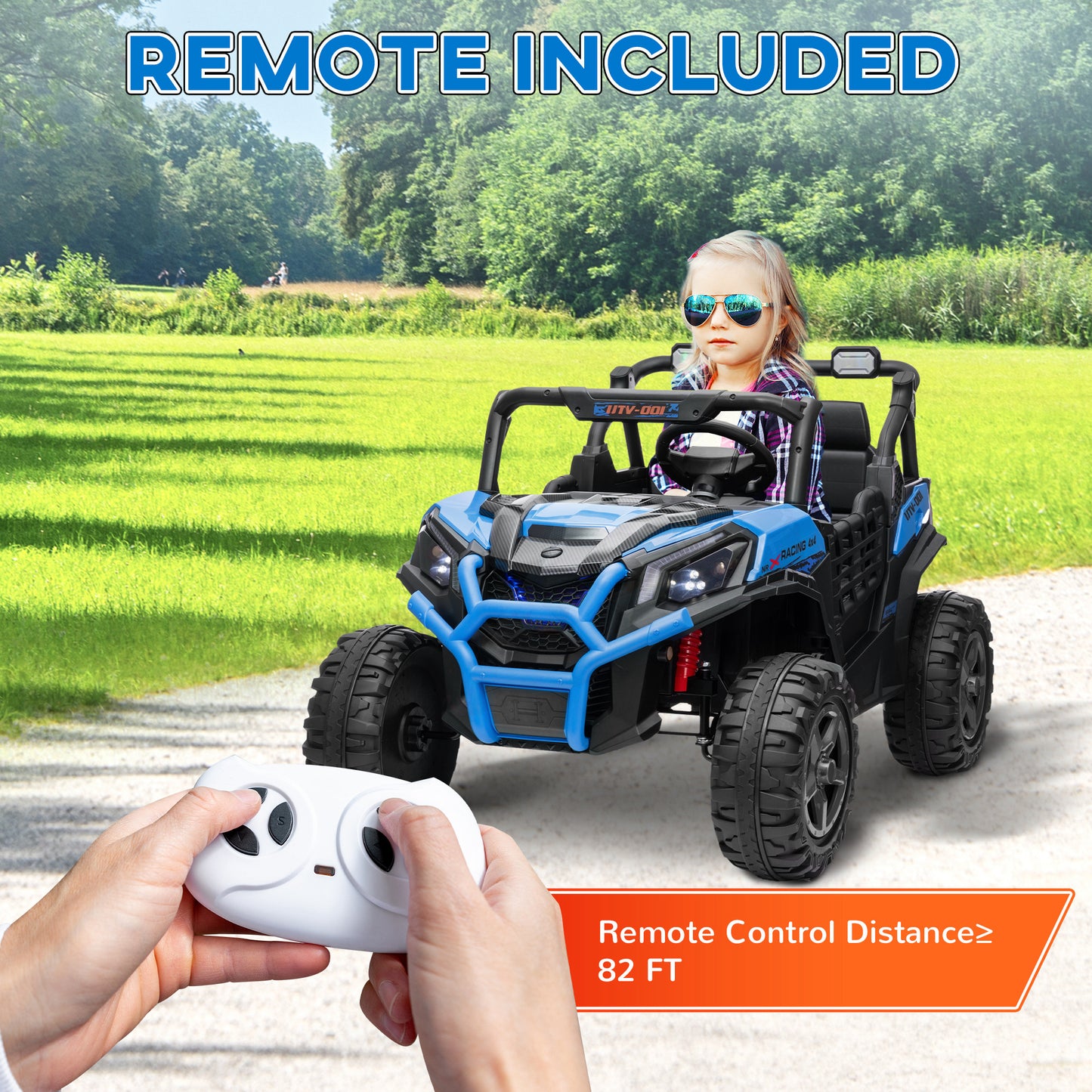 MegaMart 2 Seater 24V Kids Electric Car w/ Remote Control, 3 Speed, LED Lights, Music, Horn, Spring Suspension, Slow Start, Blue