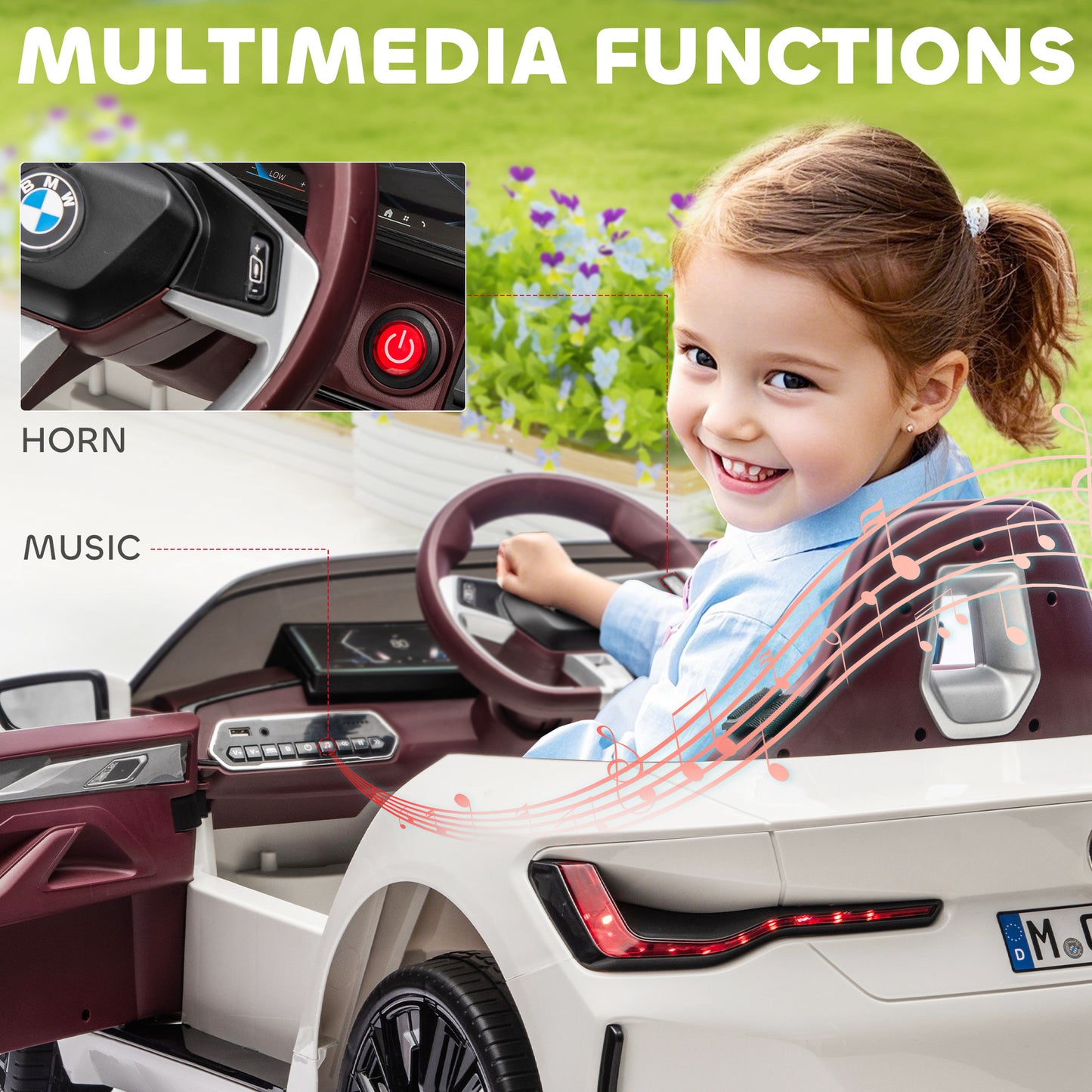 MegaMart 12V Electric Car for Kids with 2.4G Remote Control, Suspension, White