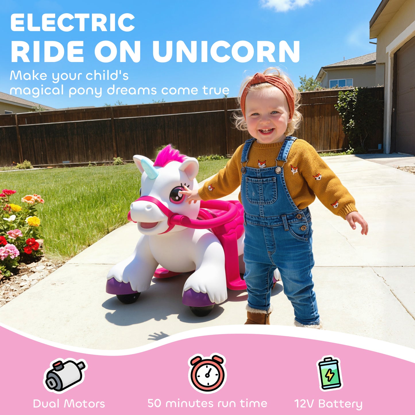 MegaMart 12V Unicorn Ride on Horse with Carrot Toy, Comb, Animal Sounds, for Girls Boys Aged 1.5-3 Years Old