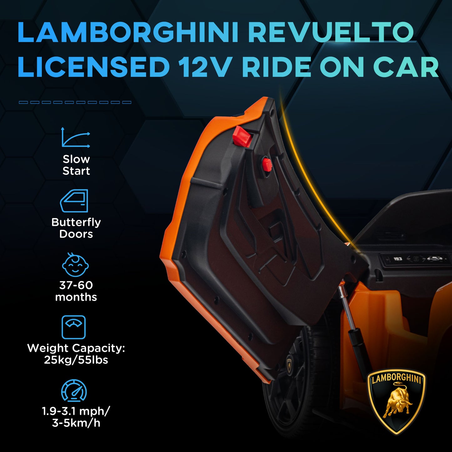 MegaMart Lamborghini Revuelto Licensed 12V Kids Ride on Car Electric Car w/ Hydraulic Doors, Remote, Transport Wheels, Orange