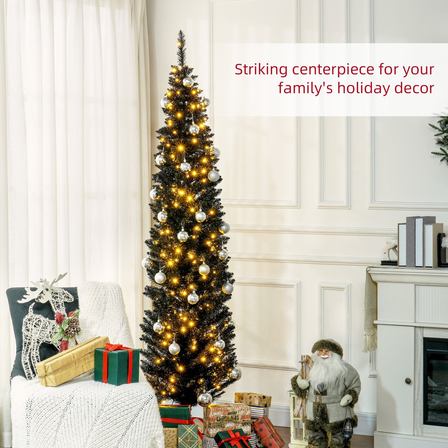 MegaMart 7ft Pencil Christmas Tree, Slim Artificial Christmas Tree with Realistic Branches and Warm White LED Lights, Black