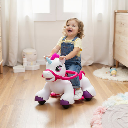 MegaMart 12V Unicorn Ride on Horse with Carrot Toy, Comb, Animal Sounds, for Girls Boys Aged 1.5-3 Years Old
